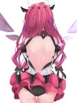  1girl absurdres akarinnndesu back backless_outfit black_panties frilled_skirt frills from_behind highres hololive hololive_english horns irys_(hololive) long_hair panties pointy_ears red_hair simple_background skirt solo underwear virtual_youtuber white_background wings 
