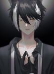  1boy animal_ears black_background black_gloves black_hair black_shirt bullet bullet_necklace chain_necklace closed_mouth collarbone collared_shirt gloves hair_between_eyes half_gloves highres holding holding_bullet holostars jackal_boy jackal_ears jewelry kageyama_shien looking_at_viewer male_focus mole mole_on_collarbone momiage_40 multicolored_hair necklace necktie open_collar shirt short_hair solo two-tone_hair undone_necktie upper_body virtual_youtuber white_hair white_necktie yellow_eyes 