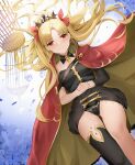  1girl ass_visible_through_thighs bangs black_dress black_panties blonde_hair blue_flower blue_rose breasts cage cape chinese_commentary closed_mouth collarbone commentary_request detached_collar detached_sleeves dress dutch_angle ereshkigal_(fate) falling_petals fate/grand_order fate_(series) feet_out_of_frame floating_hair flower gold_trim hair_ribbon highres interlocked_fingers looking_at_viewer medium_breasts own_hands_together panties parted_bangs petals qing_wu red_cape red_eyes red_ribbon ribbon rose rose_petals single_detached_sleeve single_thighhigh smile solo spine thighhighs tiara two-tone_cape two_side_up underwear yellow_cape 