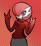  2022 3_fingers clothing double_v_sign female fingers gardevoir generation_3_pokemon gesture hair hair_over_eye humanoid looking_at_viewer malegardevoir nintendo not_furry one_eye_obstructed pink_eyes pokemon pokemon_(species) red_background red_hair scarf simple_background smile smirk solo v_sign video_games 