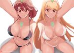  2girls absurdres bangs bikini blonde_hair breasts chest_jewel daymandraws highres large_breasts long_hair multiple_girls mythra_(xenoblade) pyra_(xenoblade) red_eyes red_hair short_hair swept_bangs swimsuit very_long_hair xenoblade_chronicles_(series) xenoblade_chronicles_2 yellow_eyes 