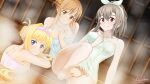 3girls alice_zuberg asuna_(sao) bare_arms bare_legs barefoot blonde_hair blue_eyes breasts brown_eyes brown_hair cleavage closed_mouth collarbone dutch_angle eydis_(sao) grey_hair hair_intakes highres indoors long_hair looking_at_viewer medium_breasts multiple_girls mysteryctu naked_towel partially_submerged red_eyes shoulder_blades signature smile soles steam sword_art_online towel 