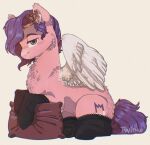  clothing crown cutie_mark equid equine feathered_wings feathers female feral fur hair half-closed_eyes hasbro hi_res hooves inner_ear_fluff legwear looking_at_viewer lying mammal mlp_g5 my_little_pony narrowed_eyes pegasus pillow pink_body pink_fur pipp_petals_(mlp) purple_hair purple_tail solo stockings tuft twinkesss white_body white_feathers wings 