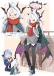  2girls :d absurdres adjusting_another&#039;s_hair adjusting_hair ahoge ako_(blue_archive) alternate_costume bangs black_pants blue_archive blue_hair casual coat coat_on_shoulders commentary_request demon_girl demon_horns demon_wings faceless faceless_female forehead full_body hair_between_eyes hair_bun hair_ornament hairband hairclip halo highres hina_(blue_archive) horns long_hair long_sleeves multiple_girls pants parted_bangs ponytail purple_eyes red_scarf reference_sheet scarf shoes sidelocks single_hair_bun smile sneakers solo_focus standing sweater translation_request white_hair wings yuki_hishaku 