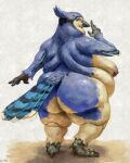  4:5 absurd_res anthro areola avian belly big_belly big_breasts big_butt blue_body breasts brown_eyes butt feathers female full-length_portrait glistening glistening_eyes hi_res mouth_closed nipples nude obese obese_anthro obese_female overweight overweight_anthro overweight_female portrait red_areola red_nipples signature simple_background solo standing tail_feathers tan_body three-quarter_view upai 