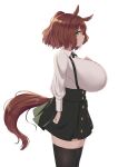  1girl absurdres animal_ears aston_machan_(umamusume) bangs black_thighhighs breasts brown_hair closed_mouth collared_shirt ear_ornament from_side glasses green_eyes green_skirt hair_ornament hair_scrunchie hand_on_own_chest heart highres horse_ears horse_girl horse_tail huge_breasts long_sleeves looking_at_viewer looking_to_the_side neck_ribbon noe_(ppppriver) over-rim_eyewear red-framed_eyewear red_scrunchie ribbon scrunchie semi-rimless_eyewear shirt shirt_tucked_in short_hair simple_background skindentation skirt solo standing suspender_skirt suspenders tail thighhighs umamusume white_background white_shirt zettai_ryouiki 