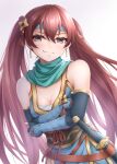  1girl aqua_scarf bangs bare_shoulders black_gloves blue_dress blue_headband breasts chest_sarashi cleavage closed_mouth cosplay dress earrings elbow_gloves eyelashes fingerless_gloves fire_emblem fire_emblem_awakening fire_emblem_heroes gloves grey_eyes hair_between_eyes headband jewelry katana long_hair lyn_(fire_emblem) lyn_(fire_emblem)_(cosplay) medium_breasts red_hair sarashi scarf severa_(fire_emblem) sheath shuriken shuriken_hair_ornament smile solo split_mouth sword tassel ten_(tenchan_man) twintails very_long_hair weapon 