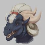  1:1 anthro blue_body blue_ears female glistening glistening_eyes grey_background hair headshot_portrait horn low_res open_mouth portrait red_eyes red_tongue sharp_teeth simple_background solo tan_horn teeth tongue upai white_hair 