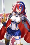  1girl alear_(fire_emblem) alear_(fire_emblem)_(female) armor bangs blue_eyes blue_hair blush boots breasts covered_navel crossed_bangs cuboon fire_emblem fire_emblem_engage gloves heterochromia knee_boots knee_guards liberation_(fire_emblem) long_hair looking_at_viewer medium_breasts multicolored_hair red_eyes red_hair smile solo split-color_hair thigh_strap thighhighs tiara two-tone_hair very_long_hair 