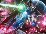  asteroid beam_rifle character_name destiny_gundam earth_(planet) energy_gun explosion firing glowing glowing_eyes green_eyes gun gundam gundam_seed gundam_seed_destiny highres holding holding_gun holding_weapon insignia lolicon_(lolicon42051636) mecha mechanical_wings mobile_suit open_hand photoshop_(medium) planet robot science_fiction space space_station spacecraft v-fin war weapon wings 