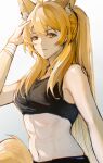 1girl animal_ear_fluff animal_ears arknights bandages bangs bare_shoulders blonde_hair breasts commentary_request crop_top highres horse_ears long_hair looking_at_viewer medium_breasts midriff navel nearl_(arknights) ponytail qiuhai_(xiaotaiyang167) solo sports_bra stomach upper_body very_long_hair wrist_wrap yellow_eyes 