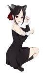  1girl :d absurdres animal_ears bangs bare_shoulders black_dress black_hair black_socks blush bra breasts cat_ears clothes_pull coro_fae dress dress_pull extra_ears feet folded_ponytail from_side full_body highres kaguya-sama_wa_kokurasetai_~tensai-tachi_no_renai_zunousen~ kemonomimi_mode kneehighs long_sleeves looking_at_viewer looking_to_the_side no_shoes off_shoulder open_mouth parted_bangs paw_pose red_eyes school_uniform shinomiya_kaguya short_hair sideboob simple_background small_breasts smile socks solo squatting strap_gap tiptoes toes underwear white_background white_bra 