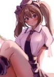  1girl bangs blush brown_hair closed_mouth collared_shirt commentary_request feet_out_of_frame hat highres himekaidou_hatate kosaka_sakasa long_hair looking_at_viewer necktie one-hour_drawing_challenge pleated_skirt puffy_short_sleeves puffy_sleeves purple_eyes purple_headwear purple_necktie purple_skirt shirt short_sleeves simple_background sitting skirt solo tokin_hat touhou twintails white_background white_shirt 