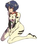  1girl :o ayanami_rei bangs between_legs blue_hair breasts bright_pupils full_body hair_between_eyes hand_between_legs highres interface_headset looking_at_viewer neon_genesis_evangelion open_mouth paper_texture pikurusu pilot_suit plugsuit red_eyes short_hair simple_background sitting small_breasts solo wariza white_background 