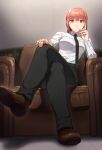  1girl black_necktie black_pants brown_footwear chainsaw_man collared_shirt couch crossed_legs formal highres indoors kamille_(vcx68) long_hair long_sleeves looking_at_viewer makima_(chainsaw_man) necktie on_couch pants red_hair shirt shoes sitting smile solo yellow_eyes 