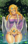  1girl blonde_hair blue_eyes blush breasts cleavage clothes_lift darkereve dress dress_lift earrings highres jewelry lowleg lowleg_panties navel panties partially_submerged pointy_ears princess_zelda solo stomach the_legend_of_zelda the_legend_of_zelda:_twilight_princess tiara underwear water wet wet_clothes 