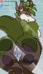  abzollozdol against_surface anthro antlers breasts brown_body brown_fur cervid female fur genitals green_body green_eyes green_fur green_hair hair hi_res horn mammal on_glass pussy shower solo steam 