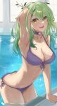  1girl :d antlers arm_behind_head armpits bikini braid breasts ceres_fauna choker cleavage collarbone french_braid green_hair green_nails hair_between_eyes highres hololive hololive_english large_breasts leaf long_hair midriff mole mole_under_eye nail_polish navel open_mouth pool poolside smile solo swimsuit virtual_youtuber water wet ybpac18 yellow_eyes 