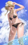  1girl :d absurdres alternate_costume bikini black_bikini blonde_hair blue_sky blush breasts cleavage cloud cloudy_sky commentary day feet_out_of_frame flower genshin_impact hair_between_eyes hair_flower hair_ornament highres looking_at_viewer lumine_(genshin_impact) medium_breasts medium_hair navel ocean open_mouth outdoors paid_reward_available side-tie_bikini_bottom sidelocks sky smile solo standing stomach string_bikini sunlight swimsuit wading wet yellow_eyes ym-1 
