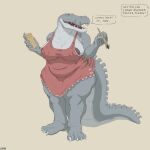  1:1 absurd_res anthro areola areola_slip artist_name belly brown_areola claws clothed clothing crocodilian english_text female front_view full-length_portrait grey_body hi_res nipple_outline open_mouth overweight overweight_anthro overweight_female portrait red_clothing red_eyes red_tongue reptile scalie simple_background solo speech_bubble standing teeth text tongue upai 