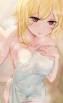  1girl absurdres blonde_hair breasts covered_navel foreshortening highres hololive hololive_indonesia kaela_kovalskia looking_at_viewer medium_breasts medium_hair naked_towel outstretched_arm parted_lips red_eyes rythm_sync solo steam towel virtual_youtuber wet 