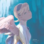  1girl angel_wings blonde_hair breath_of_fire breath_of_fire_iv brooch closed_mouth dated dress feathered_wings hairband jewelry looking_at_viewer nina_(breath_of_fire_iv) short_hair solo toko_(tokkotoritori) very_short_hair white_wings wings 