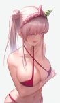  1girl absurdres airani_iofifteen bare_shoulders bikini breasts cleavage collarbone criss-cross_halter grey_background hair_bun hair_ribbon halterneck highres hololive hololive_indonesia large_breasts looking_at_viewer midriff navel open_mouth parted_lips pink_eyes pink_hair red_bikini ribbon robbilgigih side_ponytail simple_background solo swimsuit virtual_youtuber 
