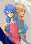  2girls blonde_hair blue_hair breasts breath_of_fire breath_of_fire_ii closed_mouth dress feathers green_eyes highres jewelry kannoaki long_hair looking_at_viewer mina_wyndia multiple_girls nina_(breath_of_fire_ii) siblings simple_background sisters smile 