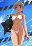  1girl absurdres ass_visible_through_thighs bikini blue_eyes blush braid breasts brown_hair covered_nipples halterneck highres long_hair looking_at_viewer lynette_bishop medium_breasts navel open_mouth revision shiny shiny_hair shiny_skin silhouette_demon single_braid smile solo standing strike_witches swimsuit tan thigh_gap tricky_46 underboob wading water wet white_bikini world_witches_series 