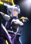 1girl blue_nails breasts britomart_(fate) burrito eating elf fate/grand_order fate_(series) highres large_breasts looking_at_viewer mecha mechanical_parts non-web_source phaethonvt pointy_ears robot short_hair walmart white_hair yellow_eyes 