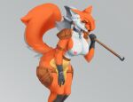  anthro axe big_tail black_body black_fur breasts canid canine chain cheek_tuft clothed clothing eye_scar facial_scar facial_tuft female fluffy fluffy_ears fluffy_tail fox fur glistening glistening_breasts green_eyes hair hi_res light_armor mammal melee_weapon nipples orange_body orange_fur painting_(artwork) scar solo straps traditional_media_(artwork) tuft undercover_bluejay weapon white_body white_fur 