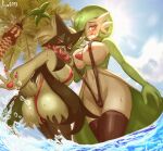  anthro breasts clothed clothing day duo female gardevoir generation_3_pokemon green_body hi_res humanoid looking_at_viewer luv5113 meowscarada nintendo outside pokemon pokemon_(species) purple_eyes red_eyes tongue tongue_out video_games white_body 