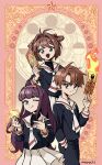  1boy 2girls brown_hair cardcaptor_sakura child credit_card daidouji_tomoyo female_child fire green_eyes highres kinomoto_sakura li_xiaolang multiple_girls mwoji one_eye_closed open_mouth purple_eyes purple_hair school_uniform skirt tomoeda_elementary_school_uniform white_skirt 