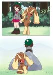  2022 anthro backpack blush bodily_fluids boots bottomwear brown_body brown_eyes brown_fur brown_hair clothed clothing comic crouching duo embarrassed female footwear fully_clothed fur generation_4_pokemon gloria_(pok&eacute;mon) grass green_clothing green_hat green_headwear hair hat headgear headwear hi_res human lopunny mammal nature nintendo nude outside plant pokemon pokemon_(species) rock shrub skirt socks standing sweat tree unoroute unousaya video_games 