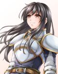  1girl armor astrid_(fire_emblem) bangs black_hair breastplate closed_mouth eyelashes fire_emblem fire_emblem:_path_of_radiance floating_hair gradient gradient_background long_hair orange_eyes pauldrons shoulder_armor simple_background smile solo split_mouth ten_(tenchan_man) white_background 