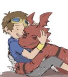 brown_hair closed_eyes digimon digimon_(creature) digimon_tamers digital_hazard fangs goggles goggles_on_head guilmon happy hug matsuda_takato nas-o12 on_floor open_mouth shadow simple_background teeth white_background 