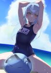  1other absurdres armpits arms_up bangs beach blue_hair blue_one-piece_swimsuit blue_sky cloud collarbone covered_navel cowboy_shot day eyelashes frown highres inuinuo_gataken name_tag ocean one-piece_swimsuit outdoors presenting_armpit rimuru_tempest rimuru_tempest_(slime) school_swimsuit sky slime_(creature) solo swimsuit tensei_shitara_slime_datta_ken thighs water yellow_eyes 
