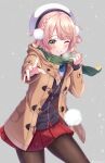  1girl beret braid cardigan coat french_braid green_eyes grin hair_rings hat highres indie_virtual_youtuber light_brown_hair miniskirt one_eye_closed pantyhose pom_pom_(clothes) rariemonn red_skirt scarf school_uniform shigure_ui_(vtuber) short_hair skirt sleeves_past_wrists smile snow snowing solo virtual_youtuber 