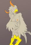  2022 anthro avian beak bird breasts chest_tuft feathers female full-length_portrait grey_body grey_feathers hi_res nipples non-mammal_breasts non-mammal_nipples nude nude_female orange_nipples portrait sealer4258 shocked solo tirii tongue tongue_out tuft 