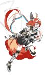  1girl animal_ears arknights armored_boots black_skirt boots ear_covers ear_tag earpiece flametail_(arknights) gauntlets highres hikarupig holding holding_sword holding_weapon long_hair pleated_skirt red_eyes red_hair shirt simple_background skirt solo squirrel_ears squirrel_girl squirrel_tail sword tail weapon white_background white_shirt 