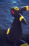  commentary_request from_behind glowing_markings highres looking_at_viewer looking_back midori_ryoueoru no_humans pokemon pokemon_(creature) red_eyes sitting solo umbreon water 