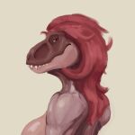  1:1 anthro brown_body brown_breasts brown_eyes bust_portrait closed_smile dinosaur female glistening glistening_eyes hair long_hair looking_at_viewer mouth_closed nude portrait red_hair reptile scalie side_view simple_background solo teeth unsigned upai 