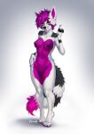  2022 anthro biped black_body black_fur breasts canid canine canis digital_media_(artwork) dipstick_tail female fluffy fluffy_tail foxovh fur genitals hair hi_res looking_at_viewer mammal markings multicolored_body multicolored_fur navel nipples pink_body pink_eyes pink_fur pink_hair pussy pussy_tape smile solo standing striped_markings striped_tail stripes tail_markings tape white_body white_fur wolf 