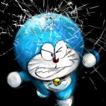  1:1 2017 anthro bell black_background blue_body blue_fur clenched_teeth collar domestic_cat doraemon doraemon_(character) felid feline felis front_view fur machine male mammal mt_tg one_eye_closed red_collar red_nose robot running shaded simple_background solo teeth whiskers white_body white_fur 