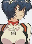  1girl ayanami_rei blue_hair bright_pupils closed_mouth collarbone hair_between_eyes highres interface_headset looking_to_the_side neon_genesis_evangelion open_mouth paper_texture pikurusu pilot_suit plugsuit portrait red_eyes short_hair simple_background solo white_background 