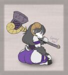  big_butt bovid brooding butt caprine colored_sketch crossed_legs exposed_thighs flat_colors from_behind_(disambiguation) frown hair hammer hi_res horn long_hair mammal sheep sitting sketch sono sonomatic tools weapon 