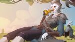  absurd_res anthro armor avian bird drinking female gourd_bottle hi_res melee_weapon okata plant reclining solo sword tree weapon 
