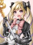  1girl :d bangs blonde_hair bow bowtie capelet earrings elise_(fire_emblem) eyelashes fire_emblem fire_emblem_fates flat_chest flower gloves gradient gradient_background grey_bow grey_capelet grey_gloves hair_bow heart heart_print holding holding_staff jewelry long_hair long_sleeves looking_at_viewer multicolored_hair multiple_hair_bows open_mouth pink_bow pink_bowtie pink_eyes purple_hair rose smile solo staff striped_sleeves ten_(tenchan_man) twintails two-tone_hair very_long_hair white_flower white_rose 
