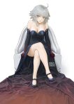  ahoge black_dress black_footwear black_gloves breasts carlo_montie chair cleavage crossed_legs dress elbow_gloves fate/grand_order fate_(series) full_body gloves grey_hair highres jeanne_d&#039;arc_alter_(fate) jewelry long_dress looking_at_viewer medium_breasts medium_hair necklace parted_lips shoes signature simple_background sitting white_background yellow_eyes 