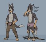  anthro armpit_hair awkward belt body_hair bottomwear briefs bulge canid canine canis clothes_off clothing domestic_dog footwear hi_res male mammal muscular_thighs pants pose ricthecusco shirt shy skinny smile smirk socks solo solo_focus topwear underwear undressing 